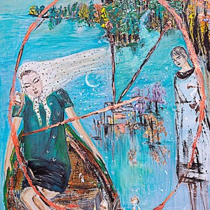 Op de afbeelding: Een acrylverfschilderij op doek toont een persoon in een groene jurk en witte hoofddoek in een houten boot op blauw water. Een tweede figuur staat aan de oever bij bomen. Een grote oranje cirkel ligt over de scène. Tekst luidt ELEN F.Y. SUBAT 2026.