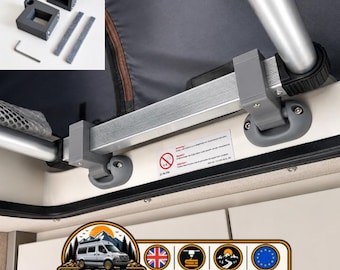 May include: A set of two grey 3D-printed plastic mounting brackets for a roof tent, featuring a rectangular design with a central opening, two adhesive strips, and a small metal hex key, installed on a silver metal roof tent frame.