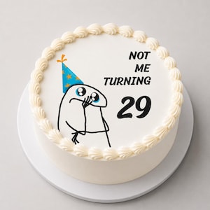 Puede incluir: Un pastel redondo con glaseado blanco y un borde decorativo. La parte superior presenta un dibujo lineal negro de un personaje con un gorro de fiesta azul con estrellas amarillas. El texto NOT ME TURNING 29 aparece en letras negras.