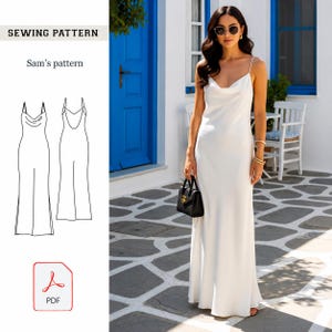 May include: A sewing pattern for a floor-length white slip dress with a cowl neckline and thin spaghetti straps. The digital file includes a technical line drawing showing the front and back views of the garment, labeled as Sam's pattern.