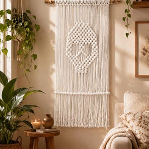 Puede incluir: Un tapiz de pared de macramé blanco que presenta un diseño de calavera central creado con técnicas de anudado intrincadas. La pieza está suspendida de una rama de madera horizontal y terminada con flecos largos y sueltos en el borde inferior.