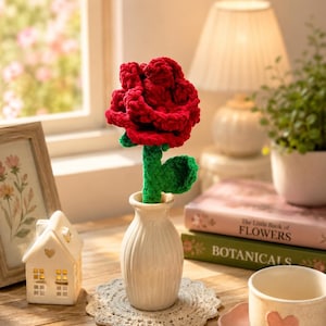 Crochet Rose Pattern PDF | Plush Chenille Flower Tutorial | Beginner-Friendly DIY Handmade Rose with Stem & Leaf