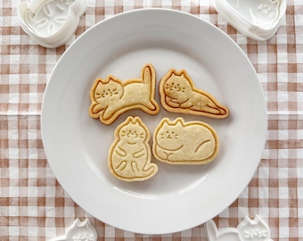 Cat Cookie Cutter & Stamp Set: 4 PLA Baking Tools (Loaf, Chilling, Scratching, Running)