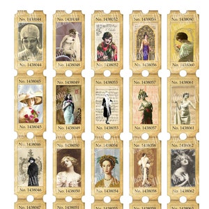 Puede incluir: Un conjunto de 16 tarjetas con forma de boleto de estilo vintage que presentan imágenes de mujeres en diversas poses y escenarios. Cada tarjeta tiene un número único y un borde decorativo.