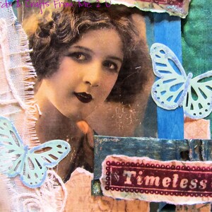 Pode incluir: Uma obra de arte em t&eacute;cnica mista com um retrato vintage de uma mulher com batom escuro. Inclui recortes de borboletas azul claro e a palavra "Timeless". O fundo tem uma colagem de texturas e cores.