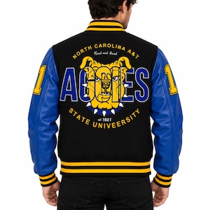 North Carolina A&T Aggie svart och blå varsityjacka Letterman ull med läderärmar premiumkvalitet handgjord