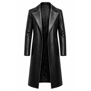May include: A long black coat featuring a textured crocodile skin pattern throughout the exterior. The garment has a wide notched lapel, long sleeves, and a smooth black interior lining. The coat is open at the front with a straight hemline.