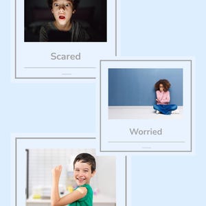 May include: A set of three emotion cards titled Blue 4 to a page Emotion Cards Preview. The cards feature photographs labeled Scared, Worried, and Proud, depicting individuals expressing these emotions. The brand name CalmCornerStudio is visible.