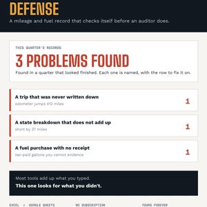 May include: A digital interface titled IFTA AUDIT DEFENSE displaying a mileage and fuel record. The screen shows 3 PROBLEMS FOUND, including a trip never written down, a state breakdown that does not add up, and a fuel purchase with no receipt.