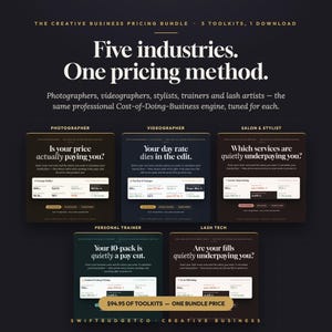 May include: A digital download bundle titled The Creative Business Pricing Bundle featuring five toolkits for photographers, videographers, stylists, trainers, and lash artists. The graphic displays pricing calculation interfaces with text on a dark background.