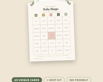 Babyparty-Bingo-Spiel: 60 einzigartige Karten, Gastgeber-Set (Salbeigrün neutral) (Digitaler Download)