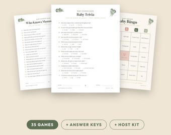 Babyparty-Spielepaket „Salbeigrün“ | 35 druckbare PDF-Spiele, Lösungsblätter & Gastgeberpaket | Geschlechtsneutraler Sofort-Download