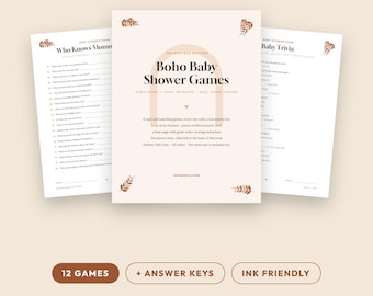 Boho-Babyparty-Spielepaket: 12 druckbare Spiele mit Lösungsblättern (Sofort-Download)
