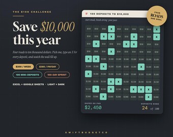 10.000-Dollar-Spar-Challenge: Tabellenkalkulation | Excel, Google Sheets (Hell/Dunkel)