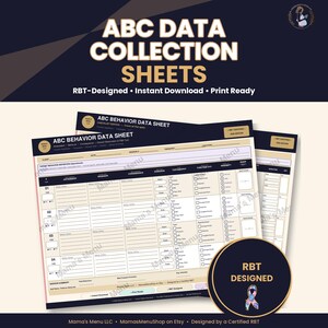 May include: ABC Data Collection Sheets with a dark blue and cream color scheme. The document features fields for client, date, session, therapist, and location, with columns for antecedent, behavior, consequence, duration, topography, and function.