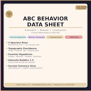 May include: An ABC Behavior Data Sheet document with a cream background and dark blue border. It features sections for Antecedent, Behavior, and Consequence, plus checkboxes for function, topography, intensity bubbles, and a session summary strip.