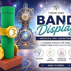 May include: A green cylindrical display stand featuring a yellow band with a white number three, resting on a brown brick-patterned base with two yellow coin-shaped accents. The text reads THEME PARK BAND DISPLAY, NOSTALGIC, FUN, COLLECTIBLE.
