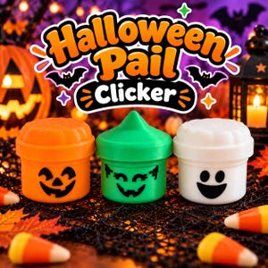 May include: Three small plastic clicker toys shaped like Halloween pails. One is orange with a jack-o'-lantern face, one is green with a witch hat and face, and one is white with a ghost face. The text "Halloween Pail Clicker" is above them.