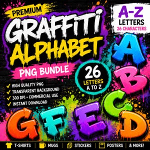 Puede incluir: Un paquete gráfico digital con el texto PREMIUM GRAFFITI ALPHABET PNG BUNDLE, A-Z LETTERS 26 CHARACTERS y 26 LETTERS A TO Z. El diseño incluye letras de estilo grafiti coloridas y goteantes A, B, C, D, E, F y G sobre un fondo negro.