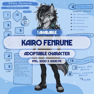 May include: A digital character reference sheet for Kairo Fenrune, an anthropomorphic wolf rogue. The illustration features a grey wolf with dark hair, wearing a spiked jacket and black boots, surrounded by RPG-style stat blocks and text.