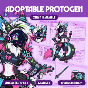 May include: A digital character reference sheet titled ADOPTABLE PROTOGEN featuring a black, white, and neon pink anthropomorphic creature with cybernetic details, a heart graphic, a matching gear set including a blaster and sword, and a character icon.