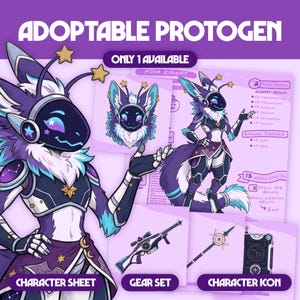 May include: A digital character sheet for an adoptable Protogen featuring a purple and white creature with star accents, a visor, and fluffy fur. Includes a gear set with a rifle and staff, a character icon, and text detailing skills and stats.