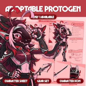 May include: A digital character sheet for an adoptable Protogen creature named Cherry Static. The artwork features a dark-furred character with pink accents, heart motifs, and robotic armor. Includes a gear set with a crossbow and sword.