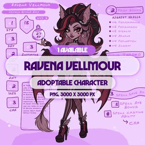 May include: A digital character illustration of Ravena Vellmour, a bat-like humanoid with dark hair featuring red streaks, bat wings, and a tail. The character wears a dark outfit with fishnet stockings and platform boots, surrounded by RPG-style stat boxes.