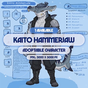 May include: A digital character sheet featuring Kaito Hammerjaw, a grey hammerhead shark humanoid monk. The character wears a black vest, dark trousers, and boots. The background includes game statistics, text labels, and the title Kaito Hammerjaw.