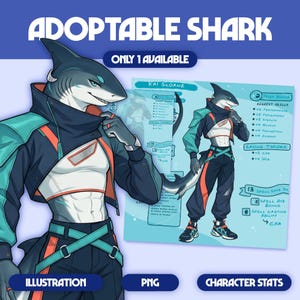 May include: Digital illustration of an anthropomorphic shark character named Kai Sloane, wearing a dark blue and teal cropped jacket, white top, and dark pants. The image includes character stats, skill bonuses, and text labels.