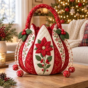 Puede incluir: Una cesta de tela acolchada con un motivo de flor de pascua en tonos rojo y crema. La cesta presenta un asa curva, paneles en forma de pétalo y bayas y hojas decorativas de tela. Cuatro esferas de tela cuelgan de los laterales.