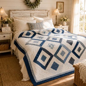 May include: A bed quilt featuring a geometric pattern of white and various shades of blue fabric squares. The quilt is layered over white bedding on a bed with a white wooden headboard. The design includes floral and small-scale repeating patterns.