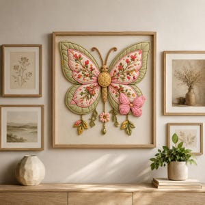 May include: A framed wall art piece featuring a large, three-dimensional fabric butterfly with sage green and soft pink wings decorated with floral embroidery. The butterfly has a central yellow body, dangling leaf charms, and a small pink flower.