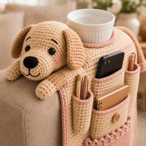 May include: A beige crochet sofa armrest organiser featuring a stuffed dog head with black eyes and a black nose. The organiser includes a white cup holder, multiple pockets containing two pens, a smartphone, and a small notebook with a button.