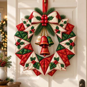 May include: A quilted fabric Christmas wreath featuring a geometric pattern of red, green, and cream triangular segments. The wreath is adorned with a large cream bow, clusters of red berries, green pine sprigs, and three hanging metallic bells.