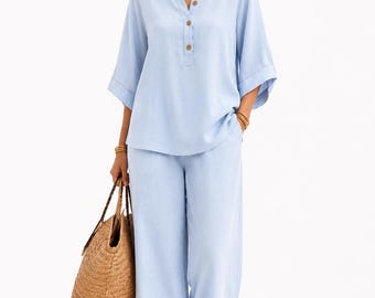 Light Blue Linen Two Piece Set, Wide Leg Pants, Casual Summer Resort Wear