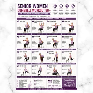 Trainingsschema met dumbbells voor senioren (60+) - printbaar PDF-bestand, 16 krachttrainingsoefeningen, fitnessroutine voor thuis voor ouderen, oefenposter voor senioren
