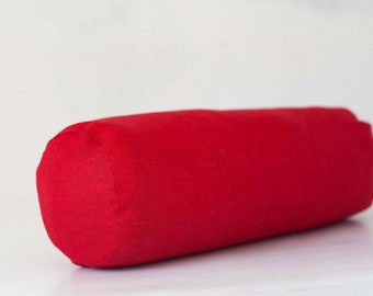 Red long Bolster pillow COVER, Red neckroll pillow, Linen bolster Cover for custom size bolster, handmade room decor