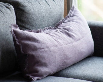 Purple lumbar pillow cover, fringed long lumbar, custom size Lumbar cushion, linen lumbar pillow case