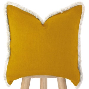 Handmade Yellow Boho Throw Pillow Cover with Cream Fringe | Textured Linen Cushion Case for Classic Home Decor | Boho Style Home Accessories