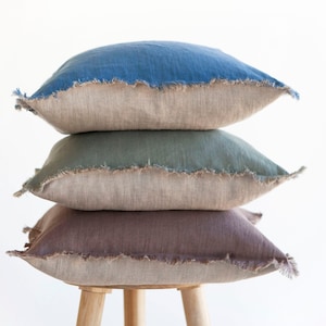 Handmade Linen Throw Pillow Cover: Two-Tone Fringed Decorative Pillow, custom color choice available