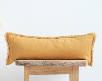 Mustard yellow lumbar PILLOW COVER, long cushion cover, RAW edge lumbar pillowcase, custom size linen pillow case, linen throw pillow