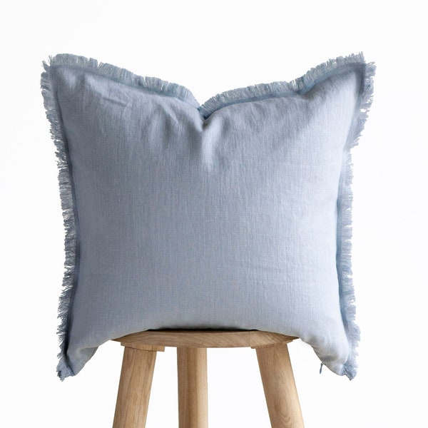 Blue fringe PILLOW COVER, blue linen pillowcase, raw edge cushion cover, custom size pillow cover, fringe pillow covers