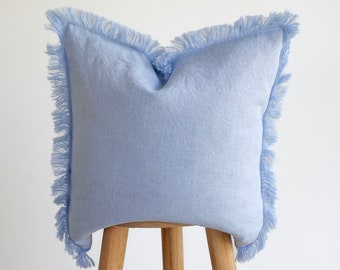Blue long fringe edge square PILLOW COVER, linen decorative pillow for room decor in boho style, suitable for bedroom decor
