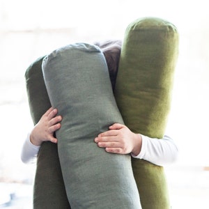Handmade Green Linen Bolster Pillow Cover: Custom Neck Pillow