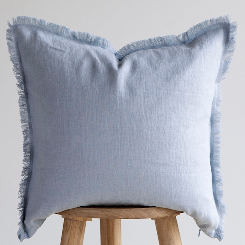 Blue Fringe PILLOW COVER Blue Linen Pillowcase Raw Edge Etsy