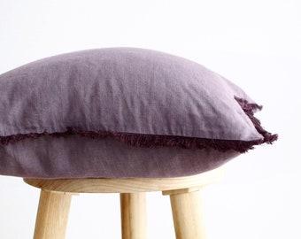 Funda de almohada púrpura con borde de contraste, funda de almohada de lino, cojín de almohada cuadrado de tamaño personalizado púrpura - regalo de bienvenida hecho a mano