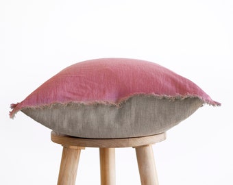 Pink throw pillow, fringed boho pillow, decorative linen pillow, designer accent pillow, 20x20 pillow