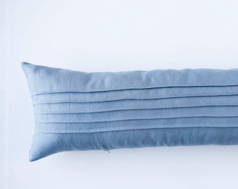 Funda de almohada lumbar larga azul, funda de cojín de soporte para la espalda, funda de almohada con líneas de ticking y cremallera oculta de lino puro - HECHO A MANO