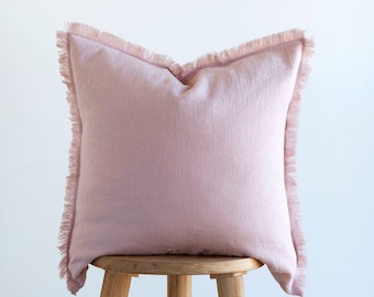Pink fringe PILLOW COVER, linen pillowcase, pink raw edge cushion cover, custom size pillow cover, fringe pillow covers